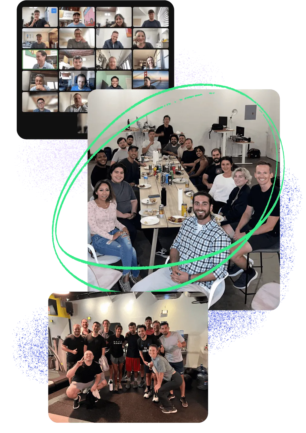 Collage of the Swoop team on video calls and at the office