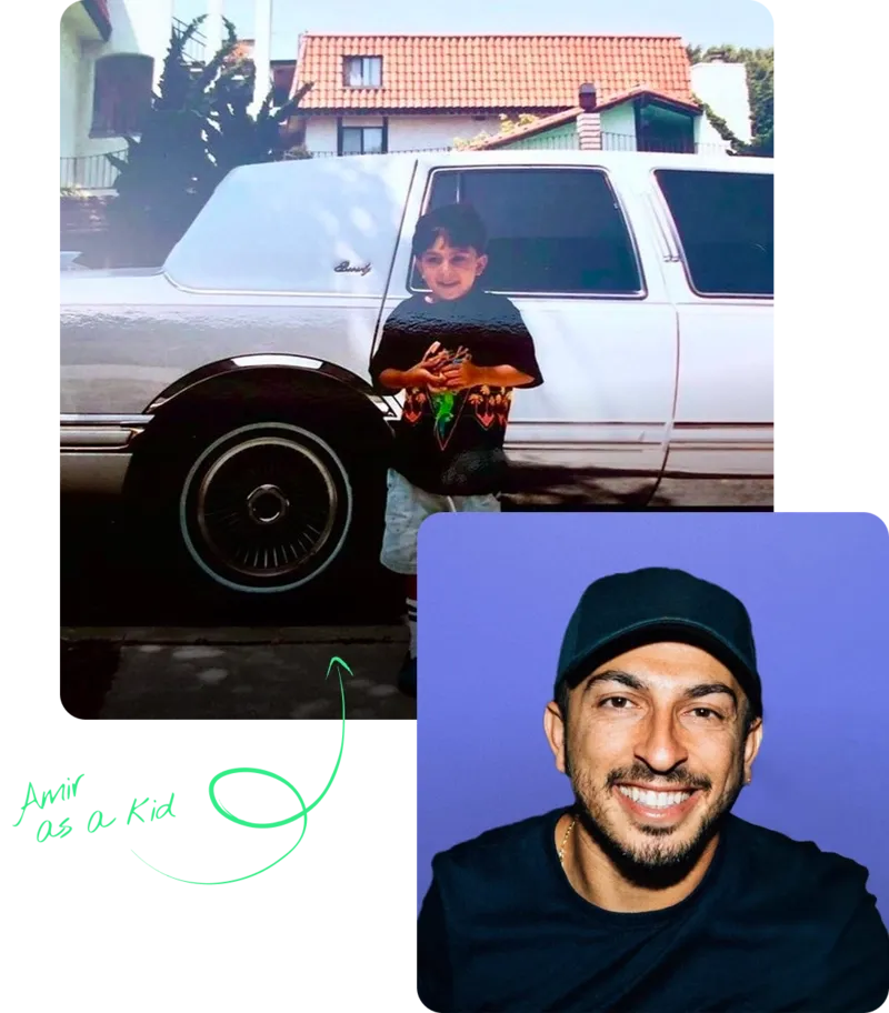 Childhood photo next to a car alongside a portrait of Swoop's founder