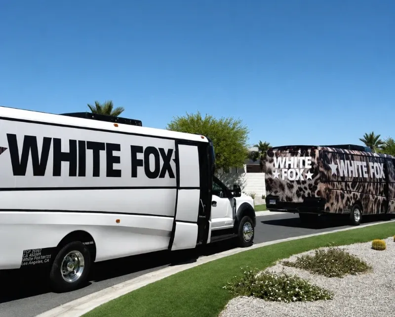 White Fox branded buses parked outside a festival venue