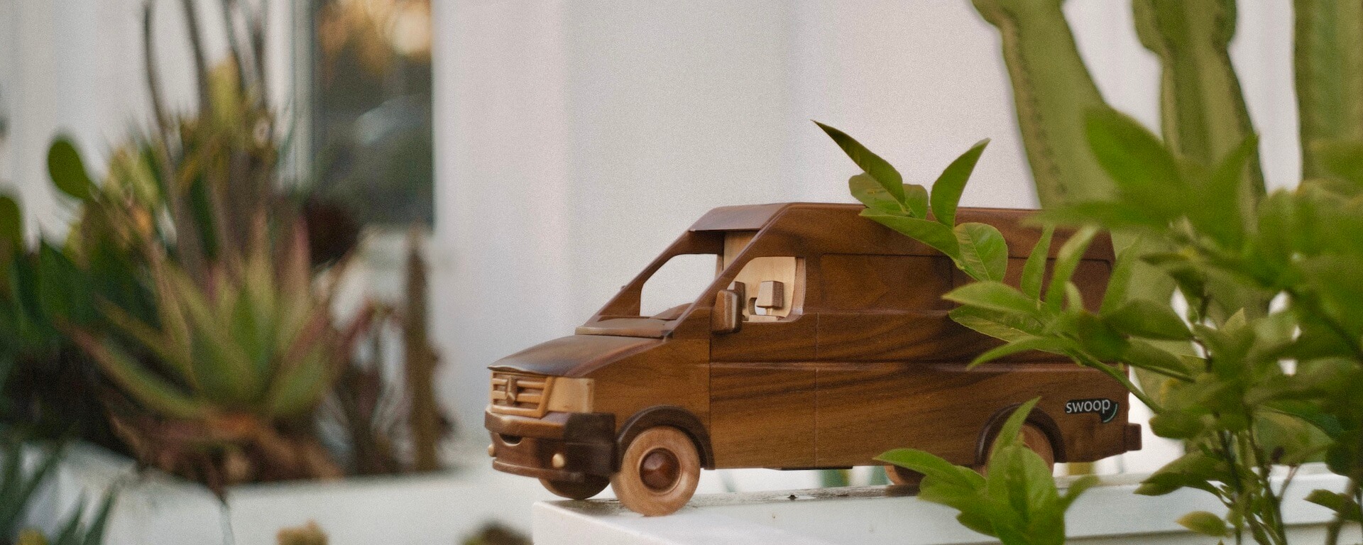 Wooden toy of swoop van in front of a plant